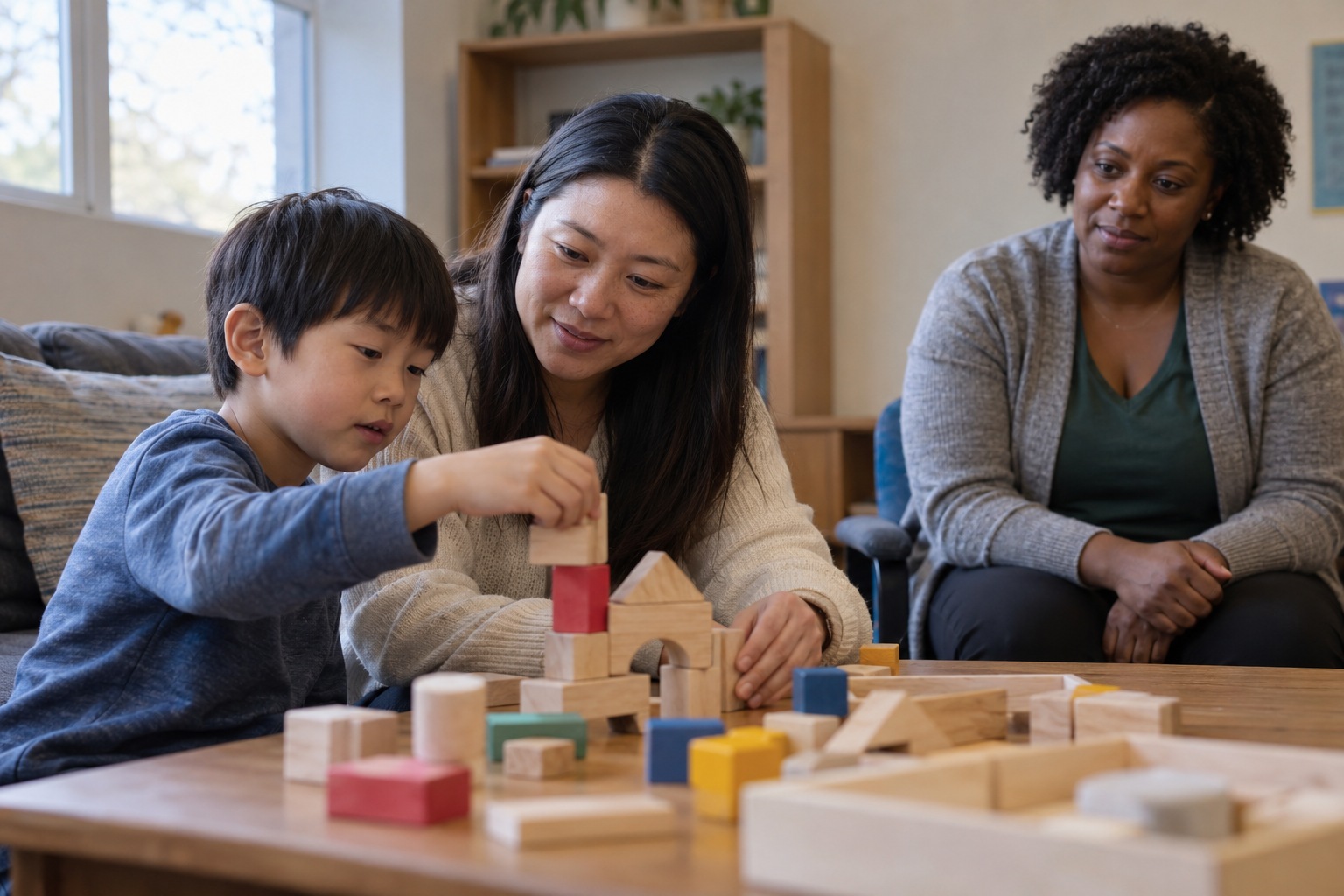 A professional monitor observing a parent and child playing together