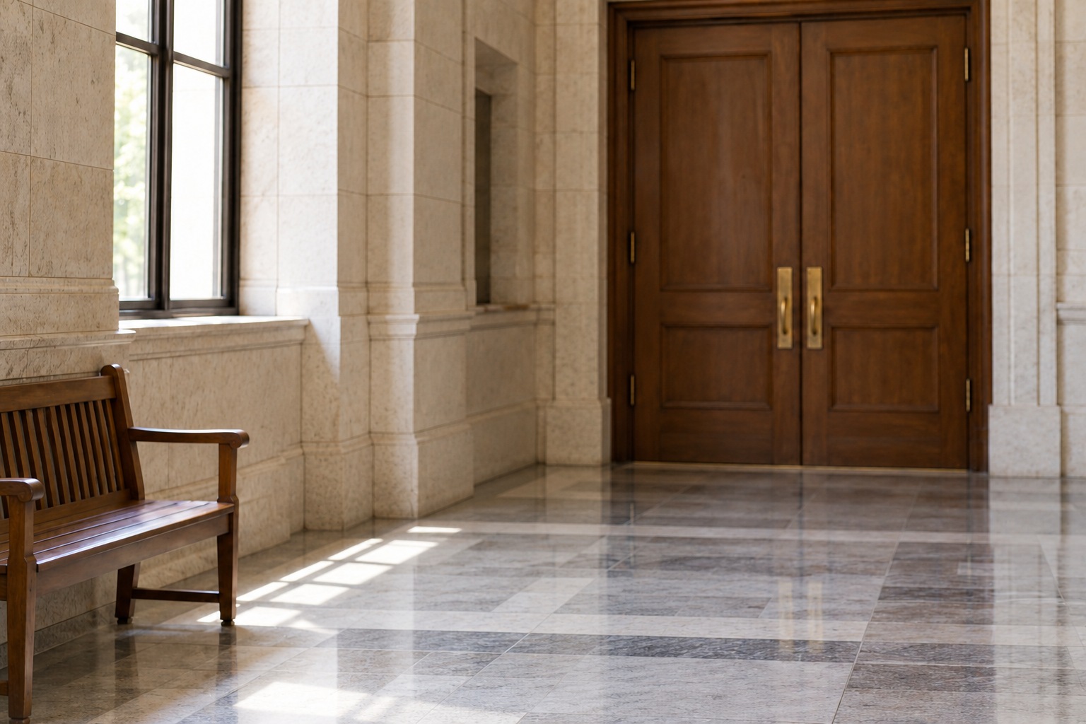 A quiet courthouse corridor outside a courtroom