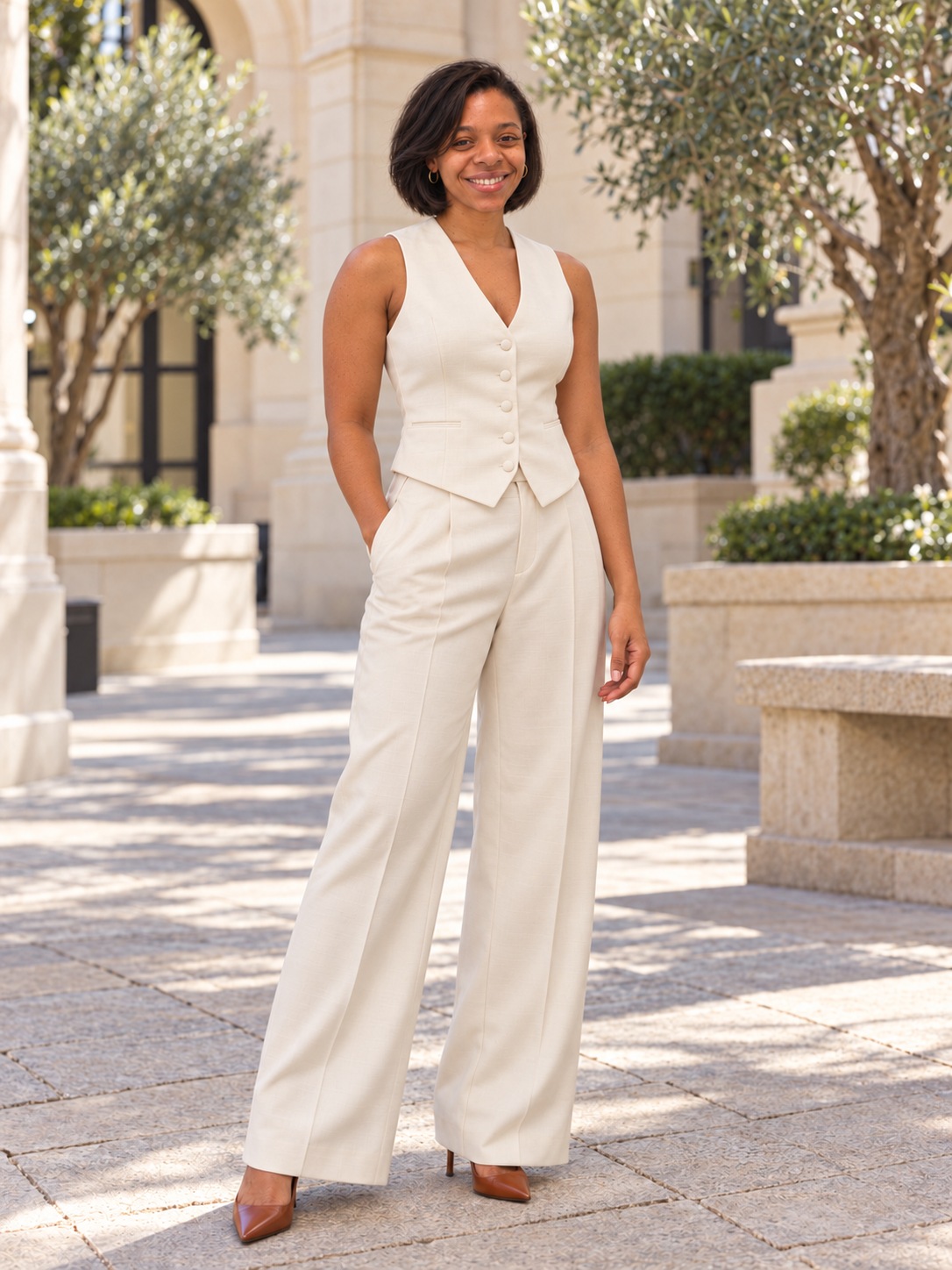 Monise Ware in cream tailoring in an outdoor courtyard