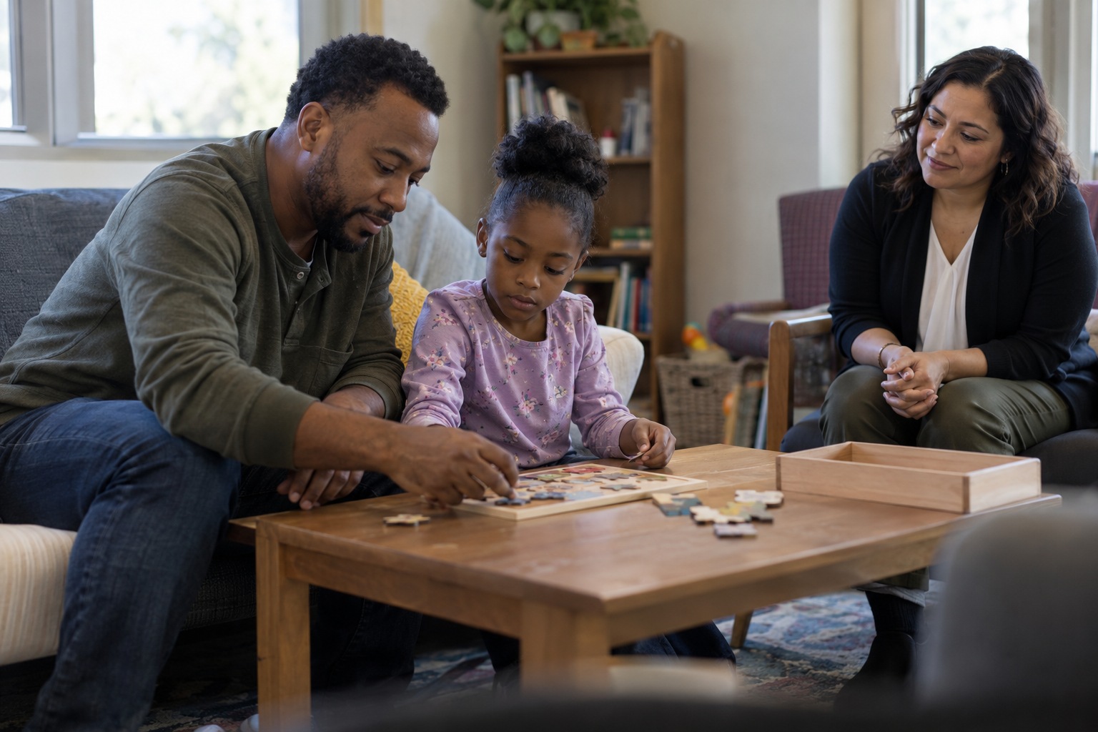 A parent and child doing a puzzle with a professional monitor nearby