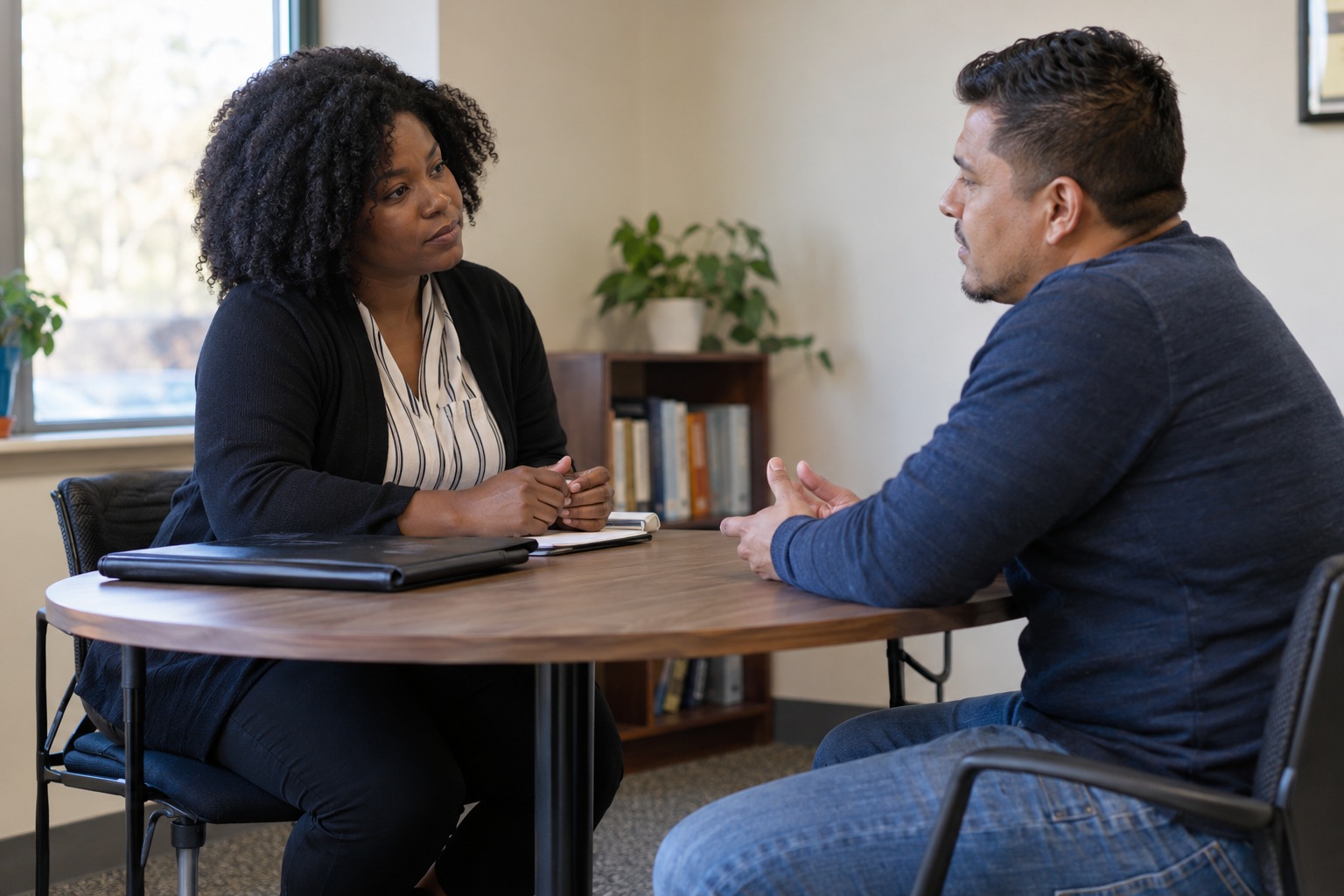 A visitation professional discussing arrangements with an adult parent