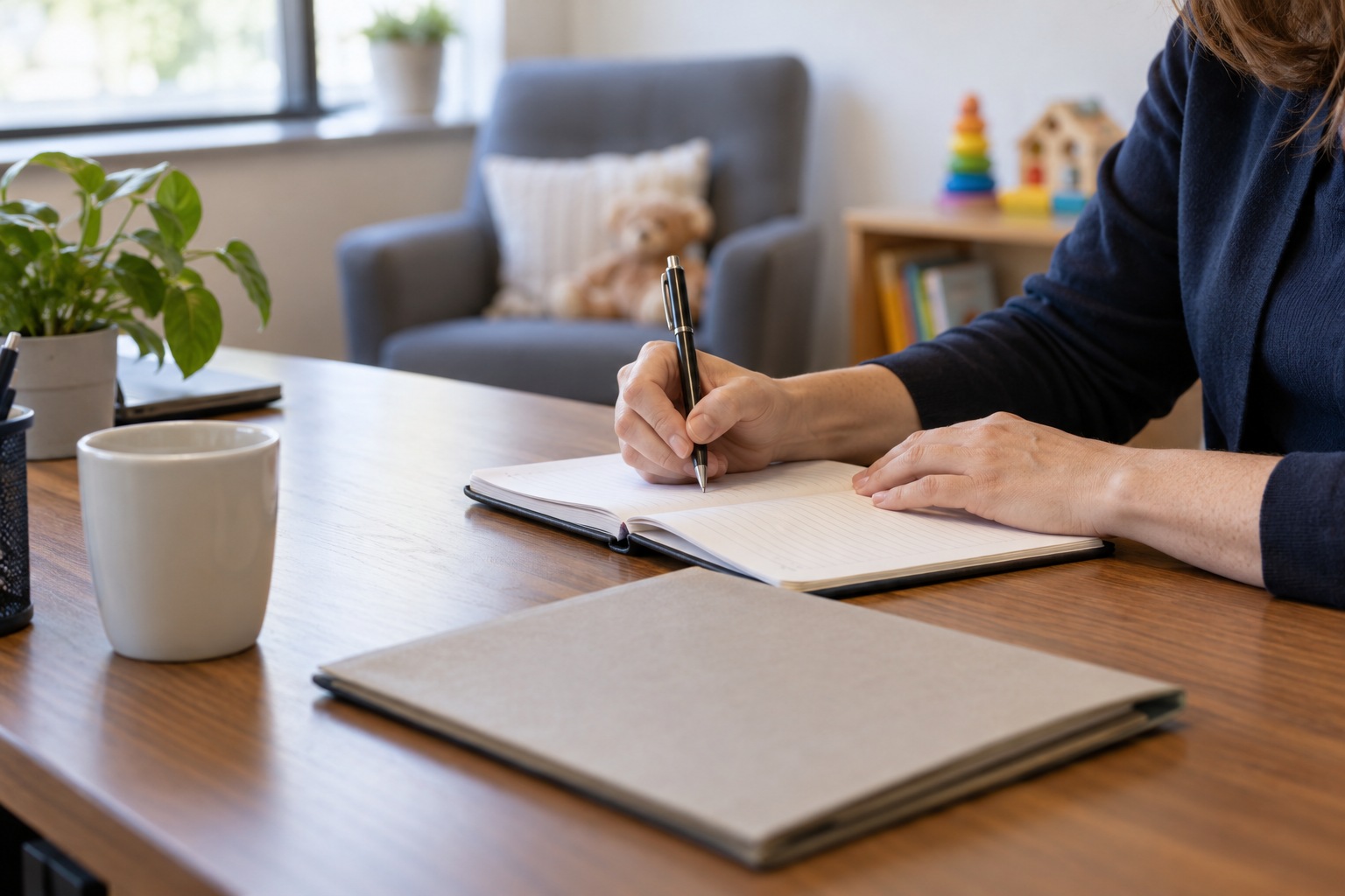 A professional preparing visit notes at a desk